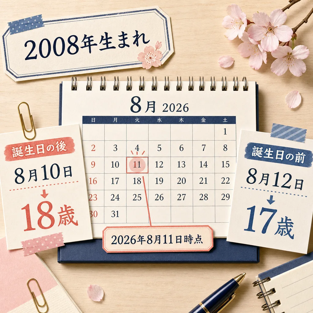2008年生まれの年齢確認をイメージした日付と誕生日の編集イラスト