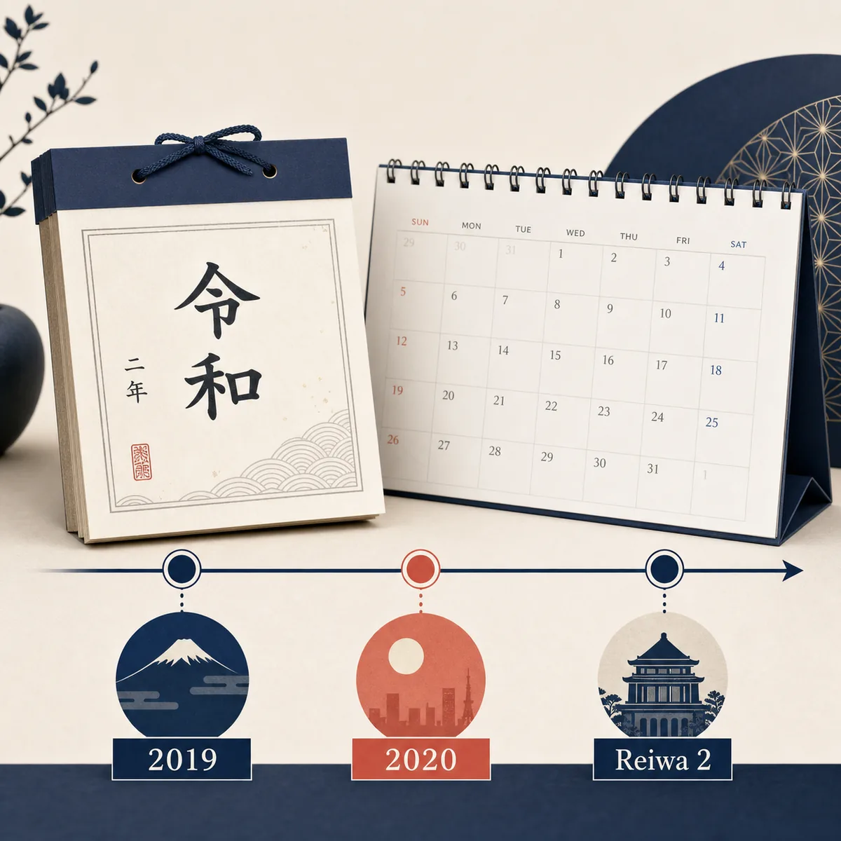 令和2年と2020年の対応を示す日本の暦と年表のイラスト