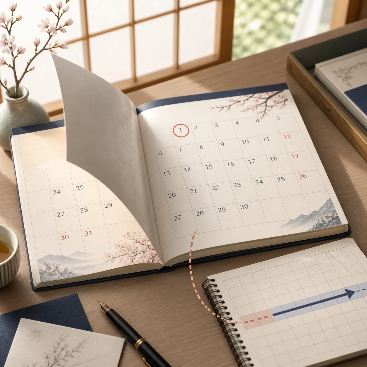 3月と4月の境目を示す日本のカレンダーと年度のイメージ