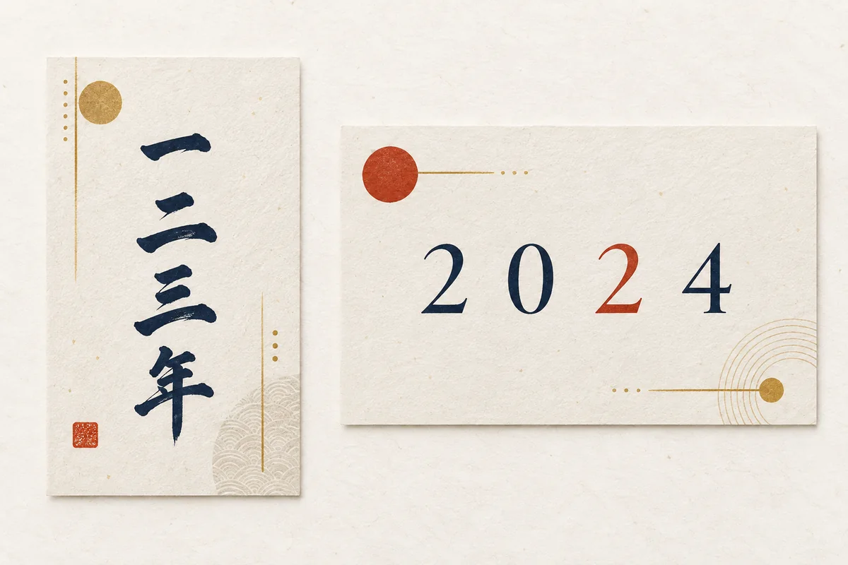 縦書きの漢数字と横書きの算用数字を比較する和暦表記の図
